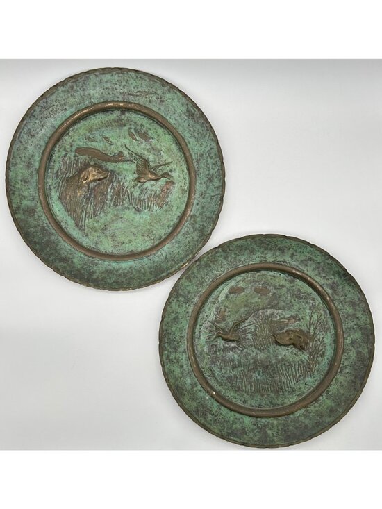 Other - 2 Vintage Italian Embossed Copper Wall Plates Hunting Scene Dog Duck Verdigris